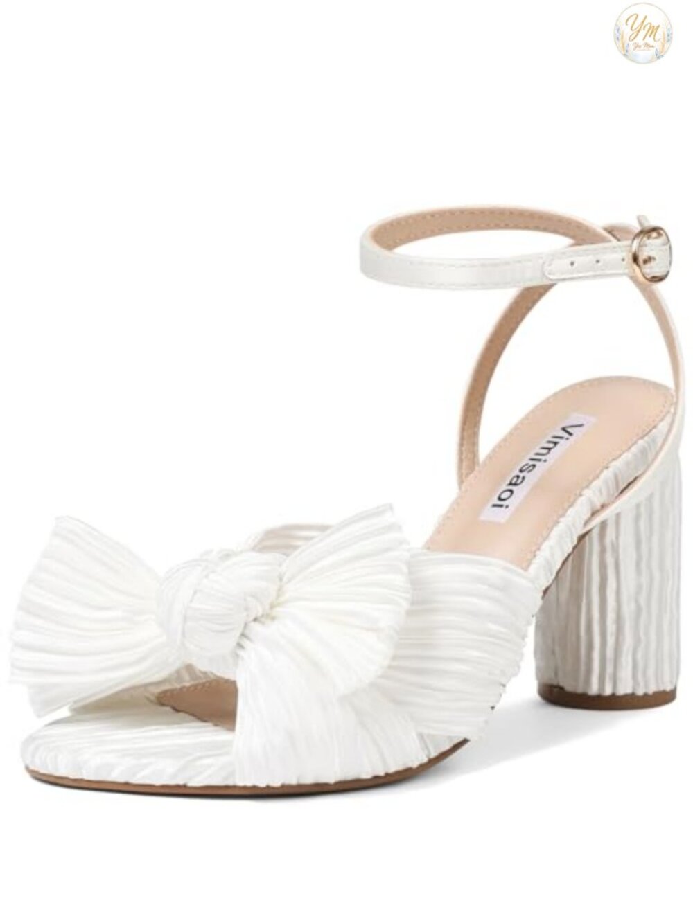 VIMISAOI Bow Pleated Heeled Sandals Open Toe Block Chunky Heel